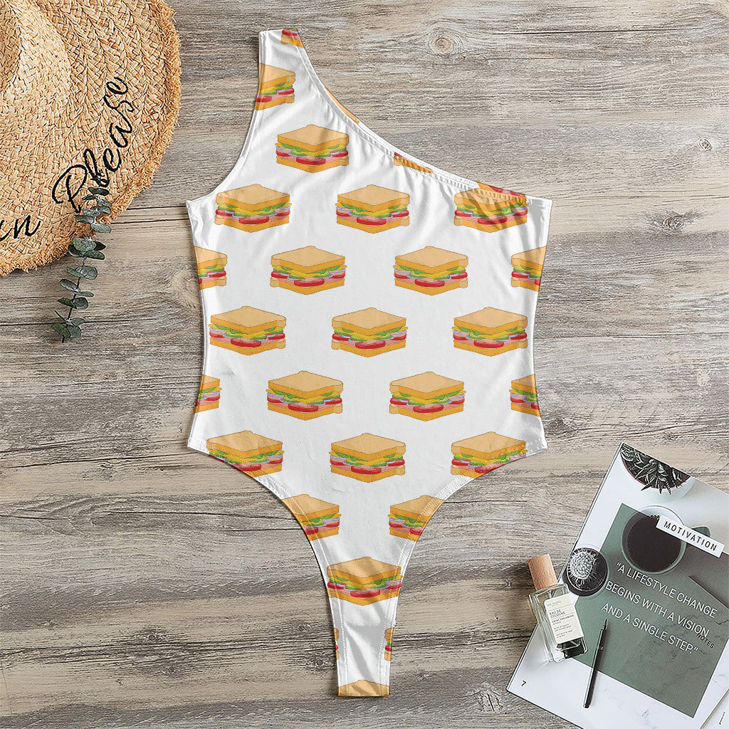 White Sandwiches Pattern Print One Shoulder Bodysuit