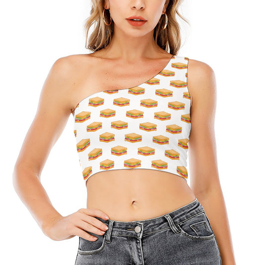 White Sandwiches Pattern Print One Shoulder Crop Top