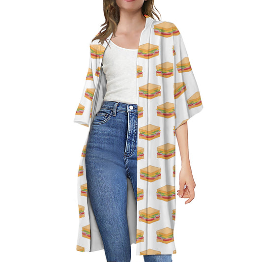 White Sandwiches Pattern Print Open Front Beach Cover Up