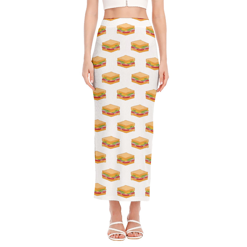 White Sandwiches Pattern Print Side Slit Maxi Skirt