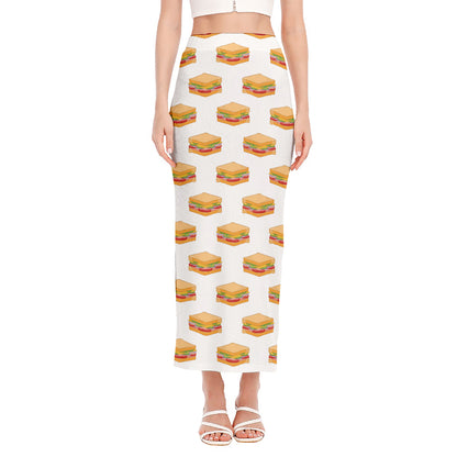 White Sandwiches Pattern Print Side Slit Maxi Skirt