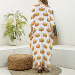 White Sandwiches Pattern Print Silk V-Neck Kaftan Dress