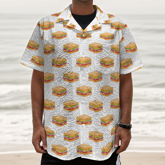 White Sandwiches Pattern Print Textured Short Sleeve Shirt