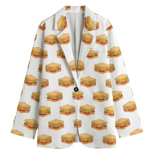 White Sandwiches Pattern Print Women's Cotton Blazer
