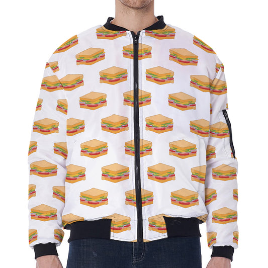 White Sandwiches Pattern Print Zip Sleeve Bomber Jacket