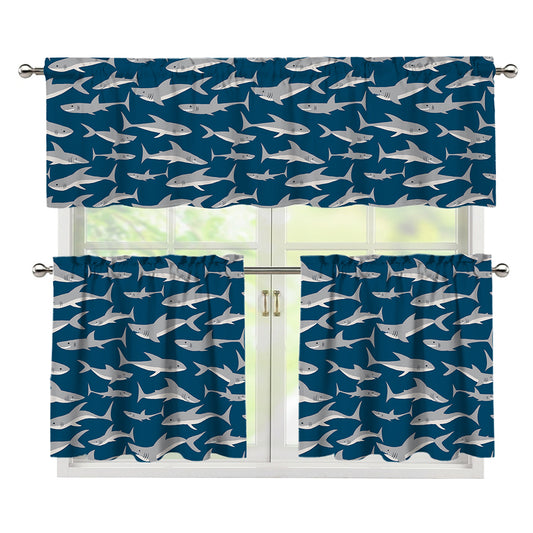 White Shark Pattern Print 3 Piece Kitchen Curtains