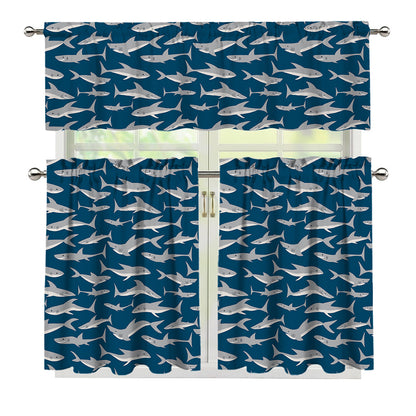 White Shark Pattern Print 3 Piece Kitchen Curtains