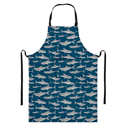 White Shark Pattern Print Bib Apron With Pocket