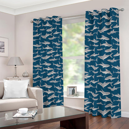 White Shark Pattern Print Blackout Grommet Curtains