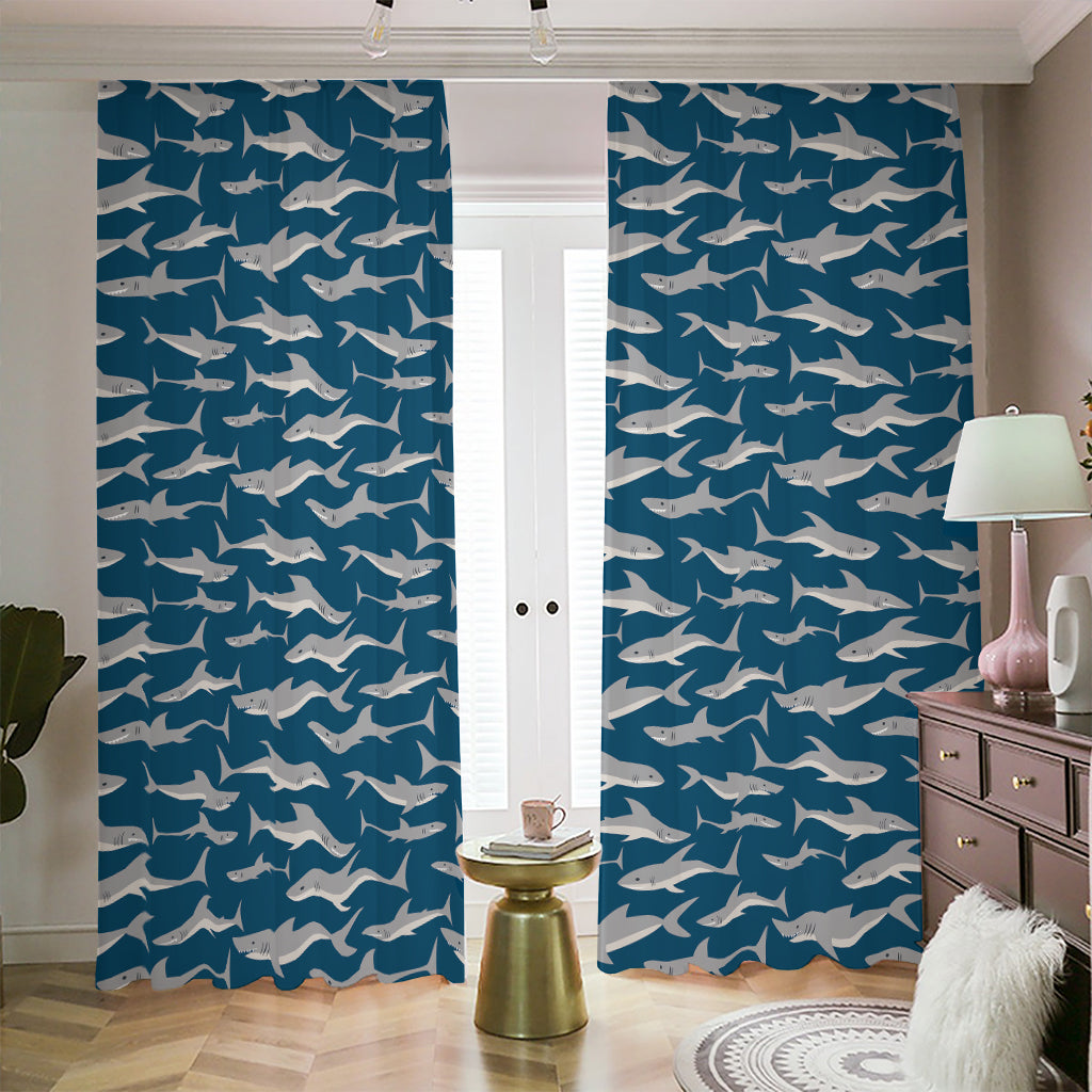 White Shark Pattern Print Blackout Pencil Pleat Curtains