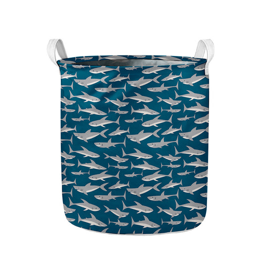 White Shark Pattern Print Collapsible Laundry Basket