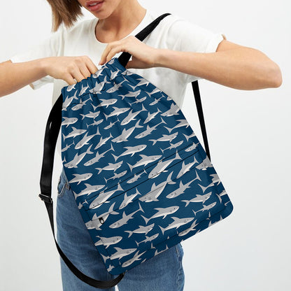 White Shark Pattern Print Drawstring Backpack