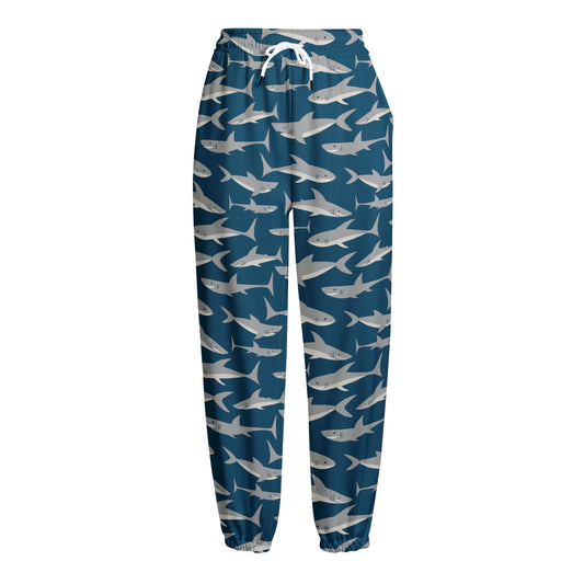 White Shark Pattern Print Fleece Lined Knit Pants