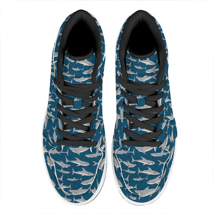 White Shark Pattern Print High Top Leather Sneakers