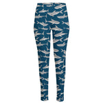 White Shark Pattern Print High-Waisted Pocket Leggings