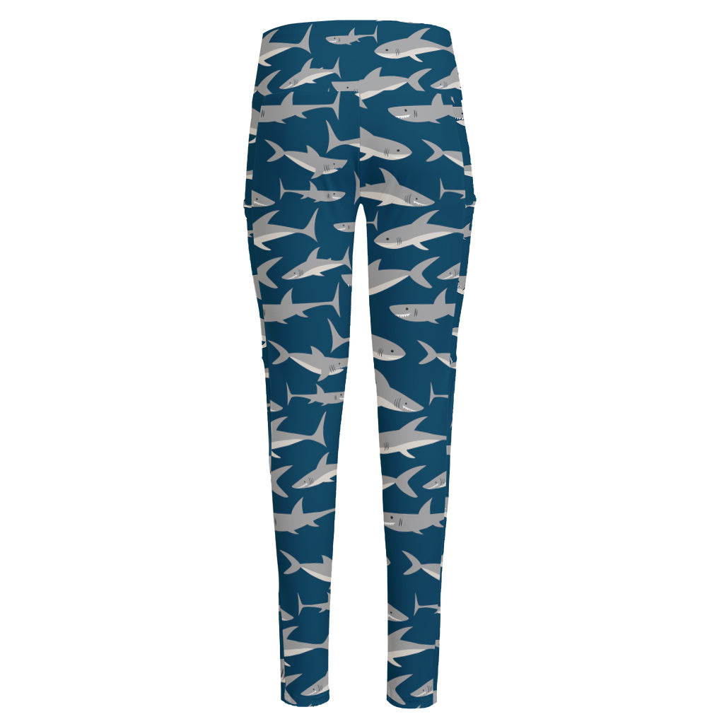 White Shark Pattern Print High-Waisted Pocket Leggings