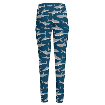 White Shark Pattern Print High-Waisted Pocket Leggings