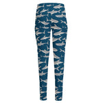 White Shark Pattern Print High-Waisted Pocket Leggings