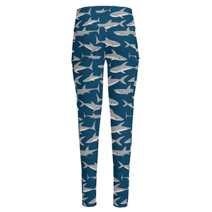 White Shark Pattern Print High-Waisted Pocket Leggings