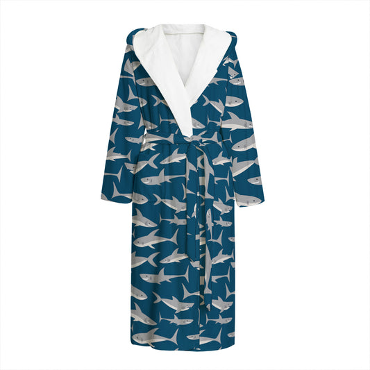 White Shark Pattern Print Hooded Bathrobe