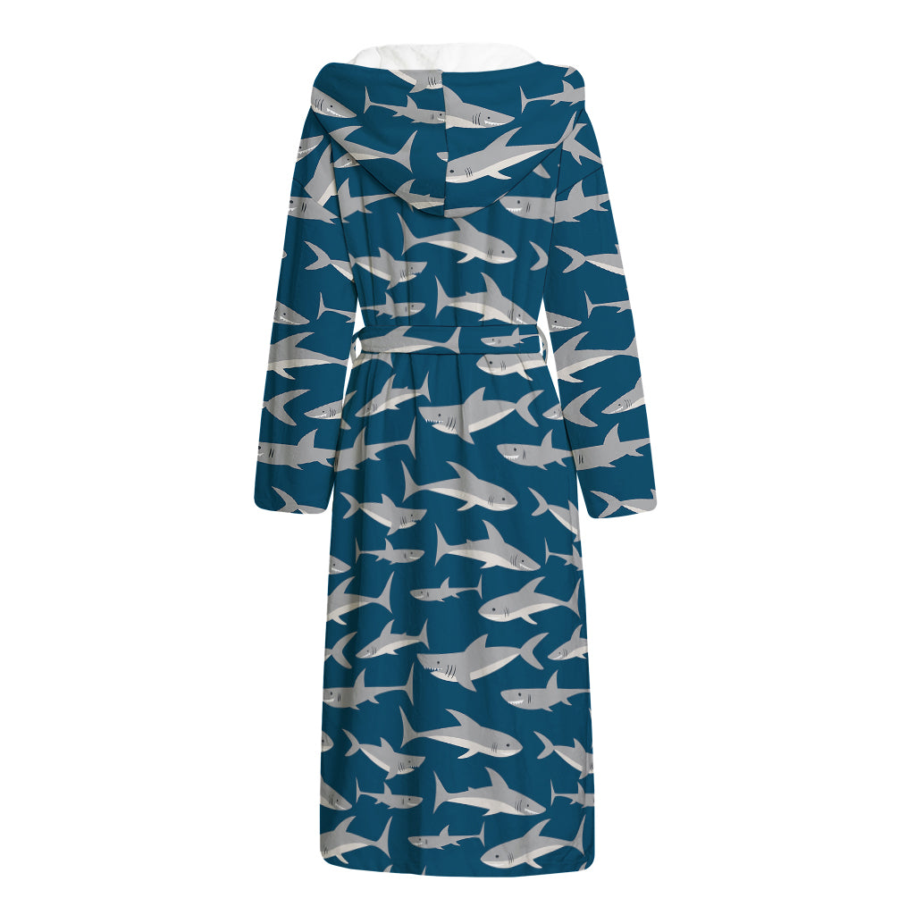 White Shark Pattern Print Hooded Bathrobe
