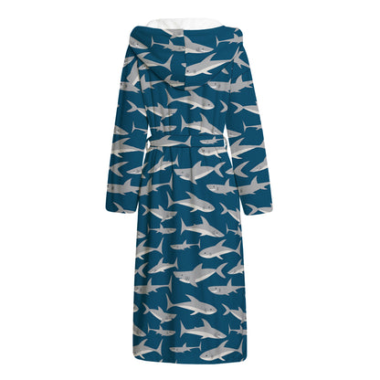 White Shark Pattern Print Hooded Bathrobe