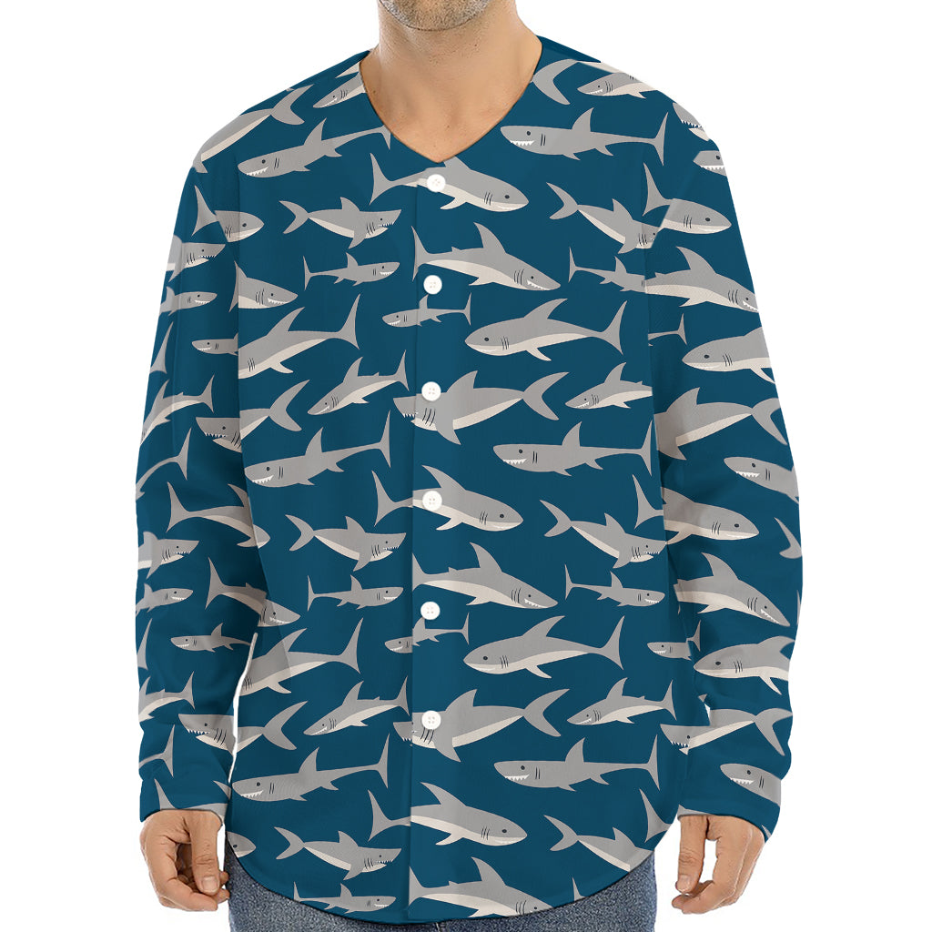 White Shark Pattern Print Long Sleeve Baseball Jersey