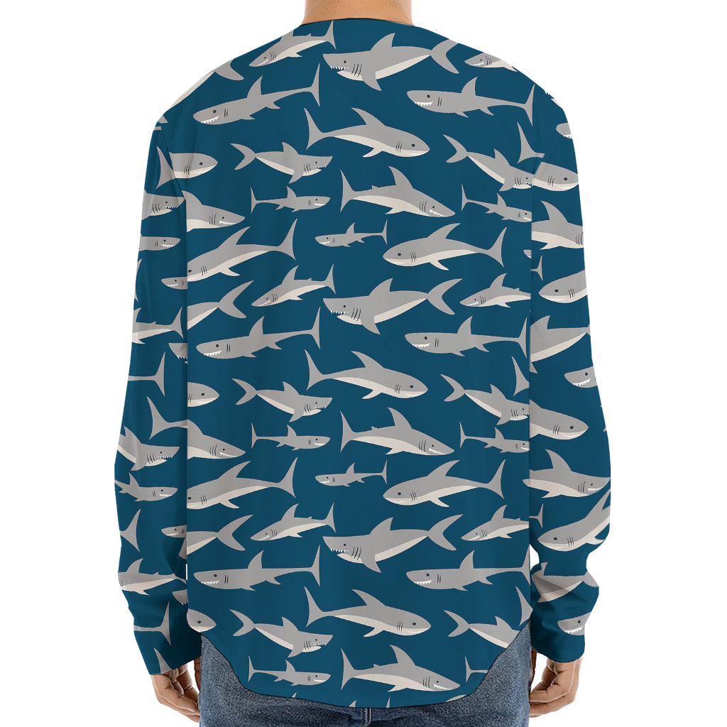 White Shark Pattern Print Long Sleeve Baseball Jersey