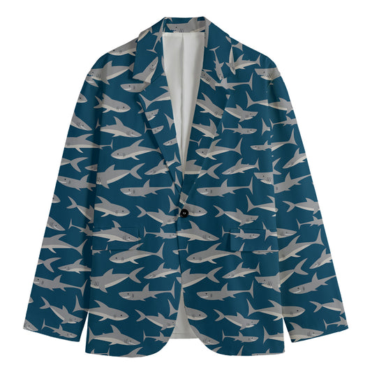 White Shark Pattern Print Men's Cotton Blazer