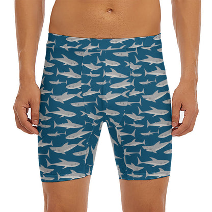 White Shark Pattern Print Men's Long Boxer Briefs