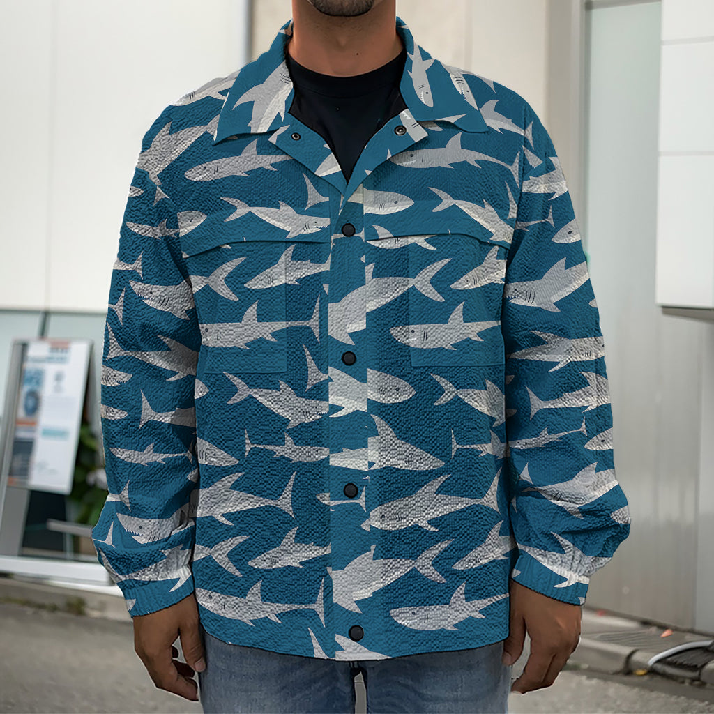 White Shark Pattern Print Men's Shirt Jacket