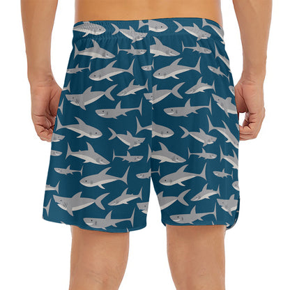 White Shark Pattern Print Men's Split Running Shorts