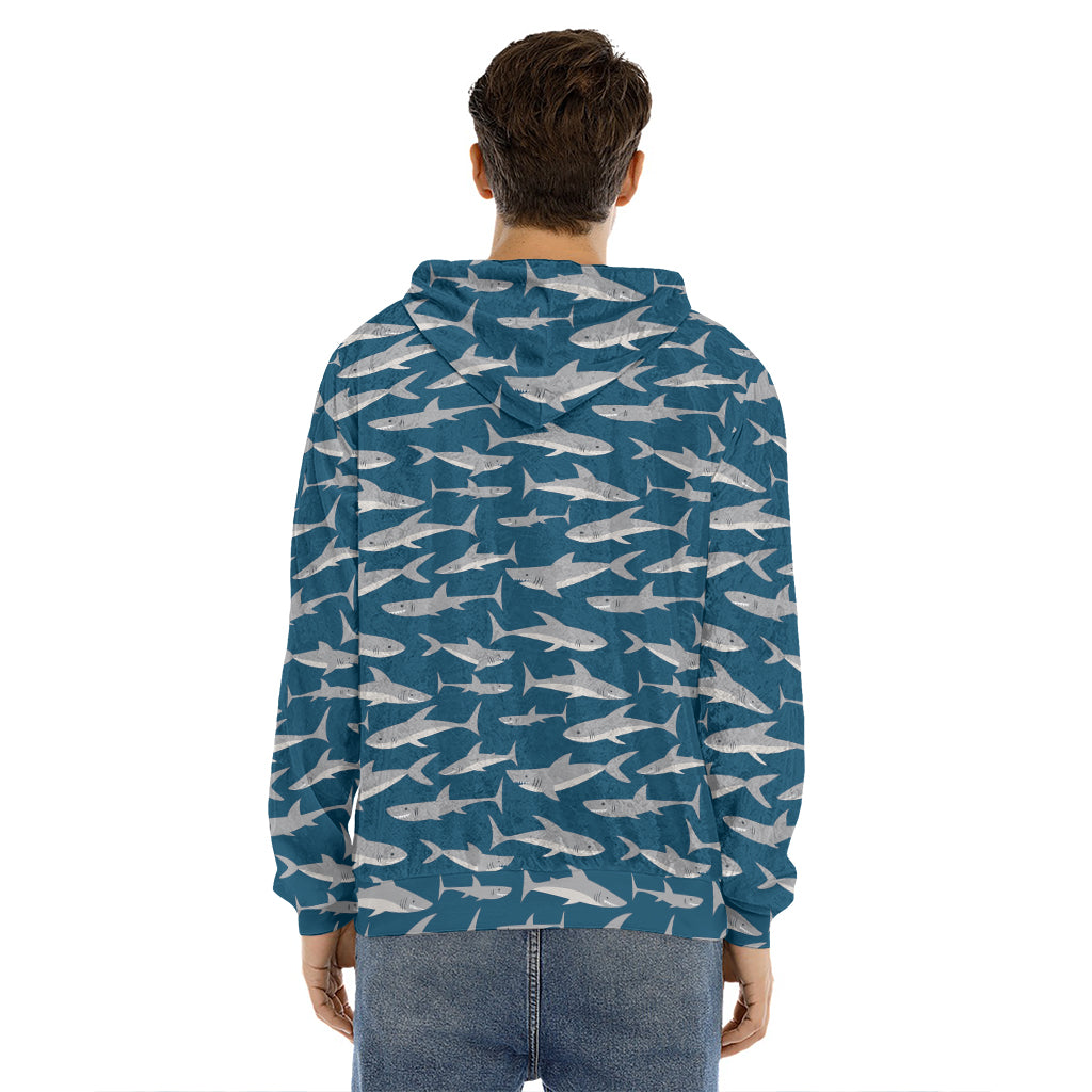 White Shark Pattern Print Men's Velvet Pullover Hoodie