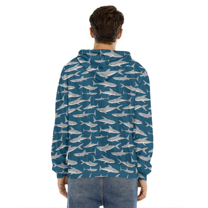 White Shark Pattern Print Men's Velvet Pullover Hoodie