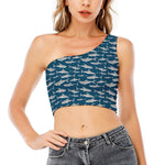 White Shark Pattern Print One Shoulder Crop Top