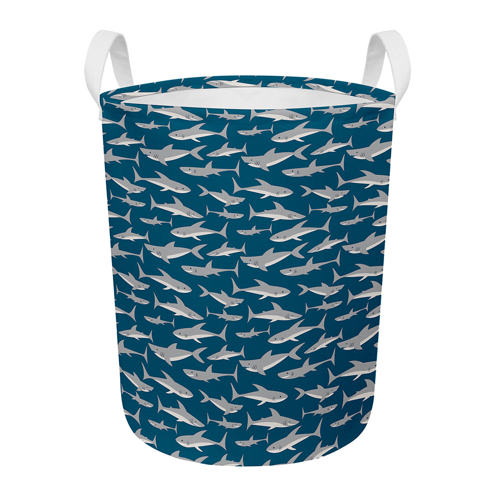 White Shark Pattern Print Round Laundry Basket