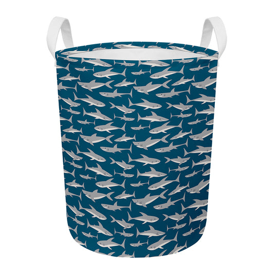 White Shark Pattern Print Round Laundry Basket