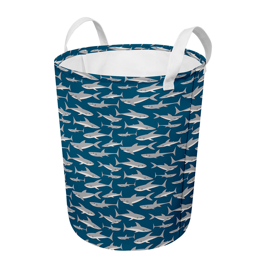 White Shark Pattern Print Round Laundry Basket