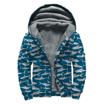 White Shark Pattern Print Sherpa Lined Zip Up Hoodie