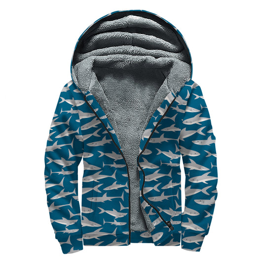 White Shark Pattern Print Sherpa Lined Zip Up Hoodie