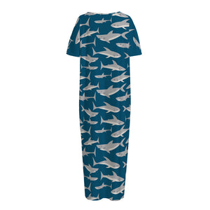 White Shark Pattern Print Short Sleeve Long Nightdress