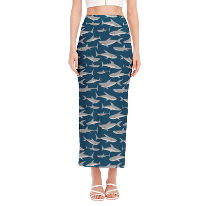 White Shark Pattern Print Side Slit Maxi Skirt