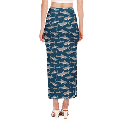 White Shark Pattern Print Side Slit Maxi Skirt