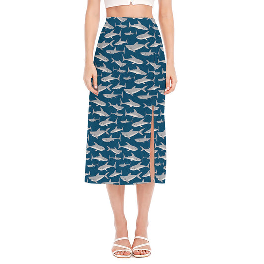 White Shark Pattern Print Side Slit Midi Skirt