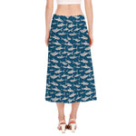 White Shark Pattern Print Side Slit Midi Skirt
