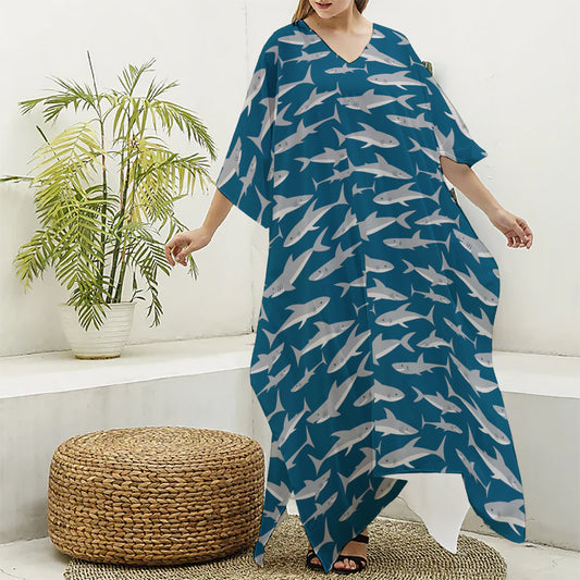 White Shark Pattern Print Silk V-Neck Kaftan Dress