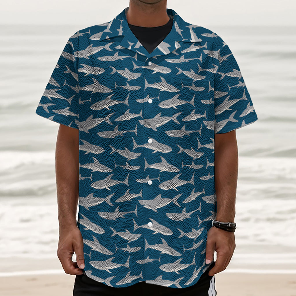 White Shark Pattern Print Textured Short Sleeve Shirt