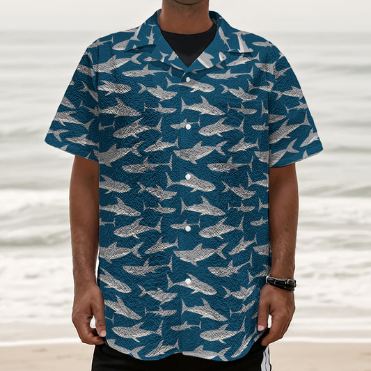 White Shark Pattern Print Textured Short Sleeve Shirt