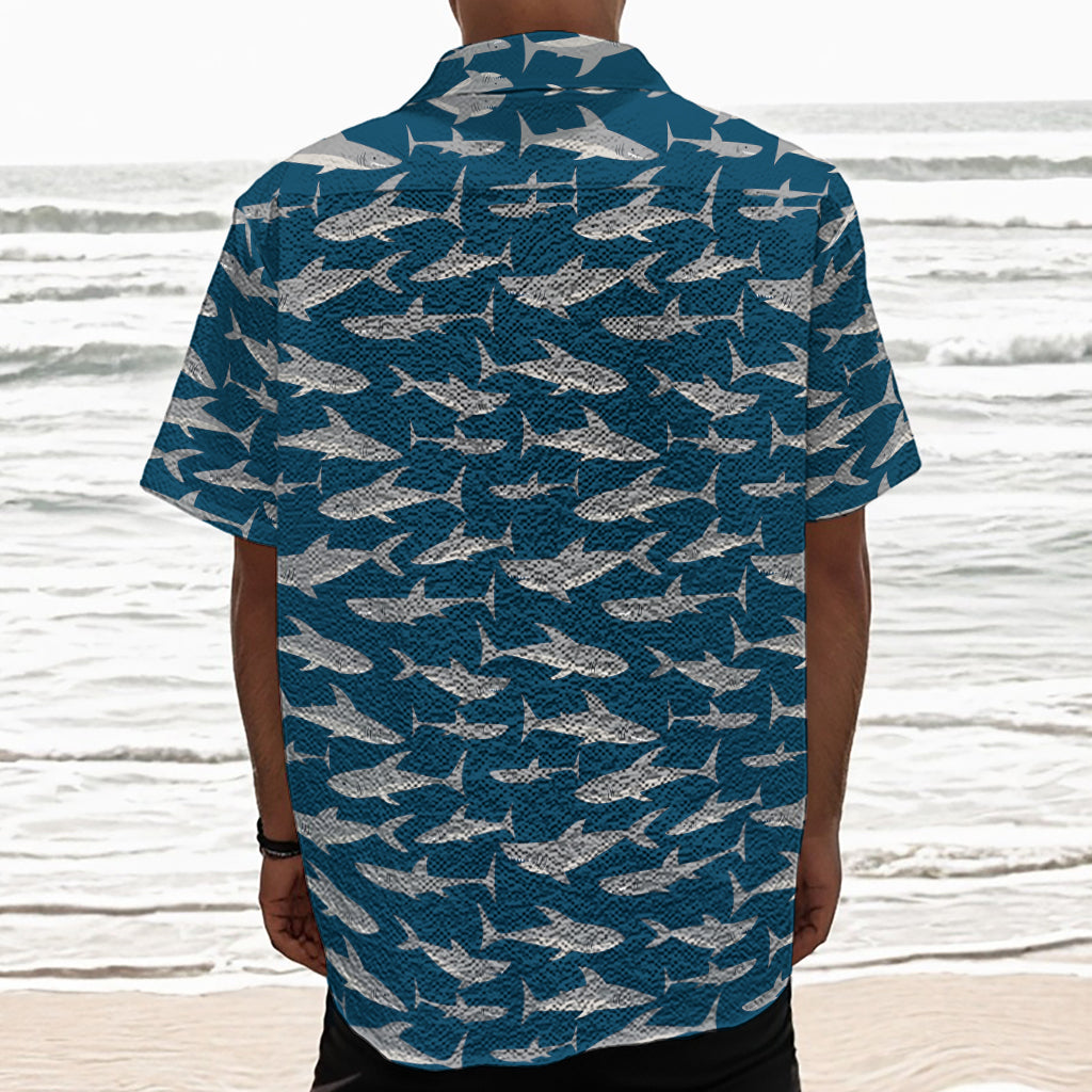 White Shark Pattern Print Textured Short Sleeve Shirt