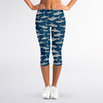 White Shark Pattern Print Women's Capri Leggings